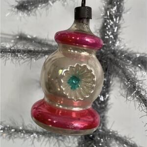 Antique Glass LANTERN Ornament SILVER PINK Double Indent Tarnish Patina